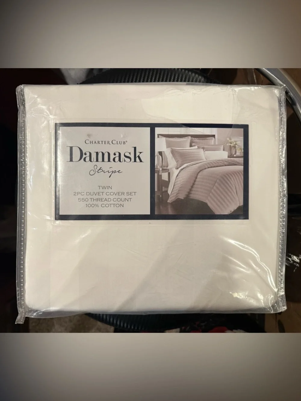 Charter Club Damask Stripe 550 TC 100% Cotton Twin Duvet Cover Set White 2PC